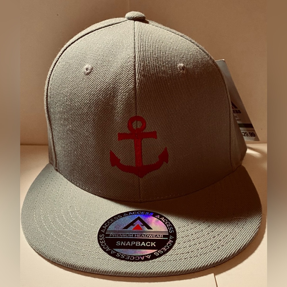 NWT Access Premium Headwear Mens Hat Cap Acrylic Grey/Red Anchor “St. Philip”
